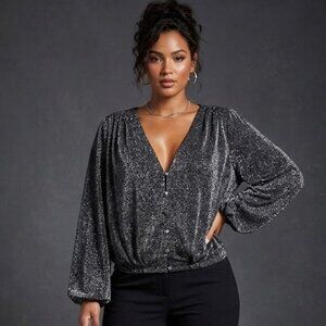 Black Sparkle V-Neck Button-Front Blouse